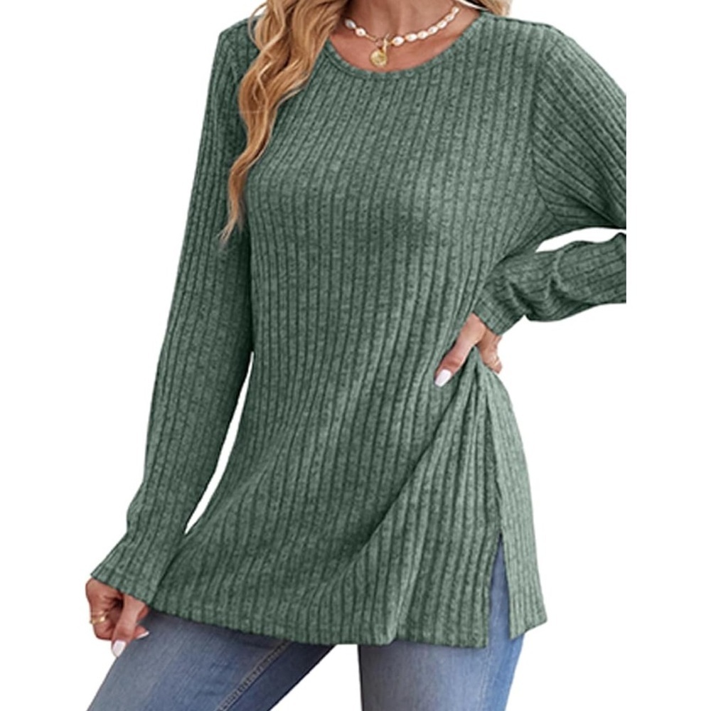 Green Ribbed Knit Women's Top - Picture 2 of 3